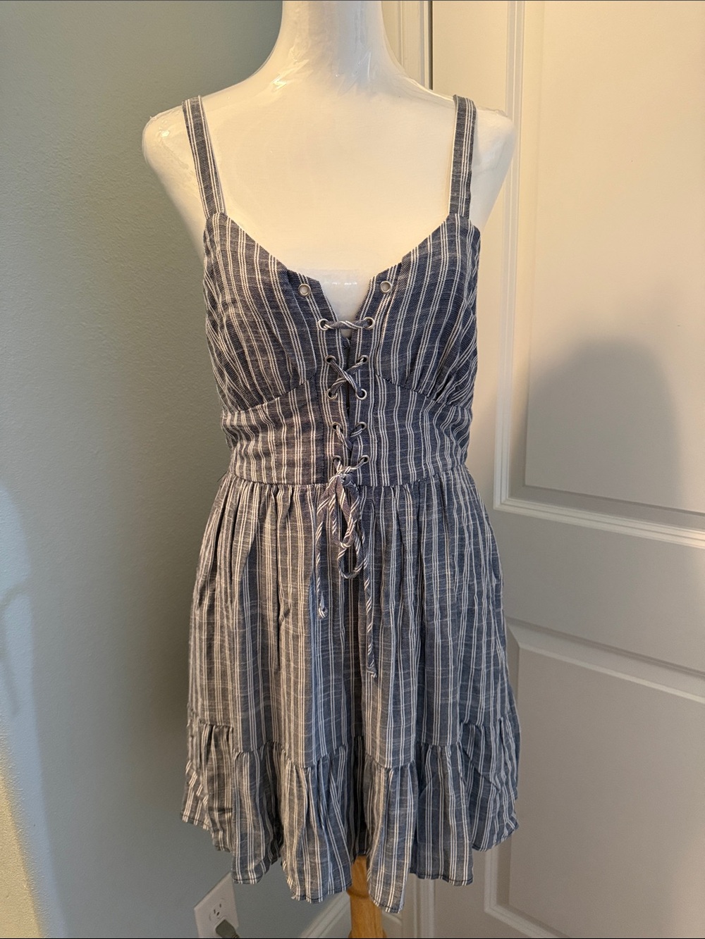 Francesca's Collections Blue and White Striped Lace-Up Sundress